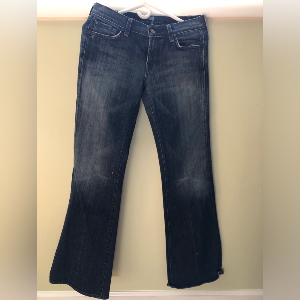 7 For All Mankind Bootcut Jeans with sky blue swish on back pockets